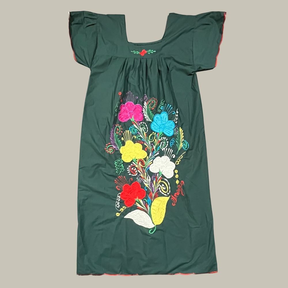 Nicaragua Handmade Floral Embroidered Midi Dress Women L Dark Green Boho Muumuu